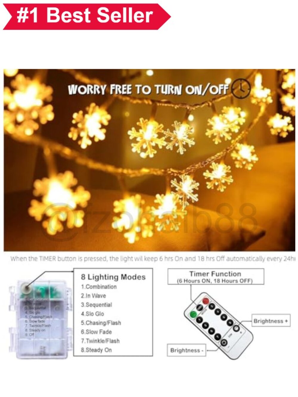 🎄 20ft 40 LED Snowflake String Lights 8 Modes Timer Remote Control - Picture 2 of 5